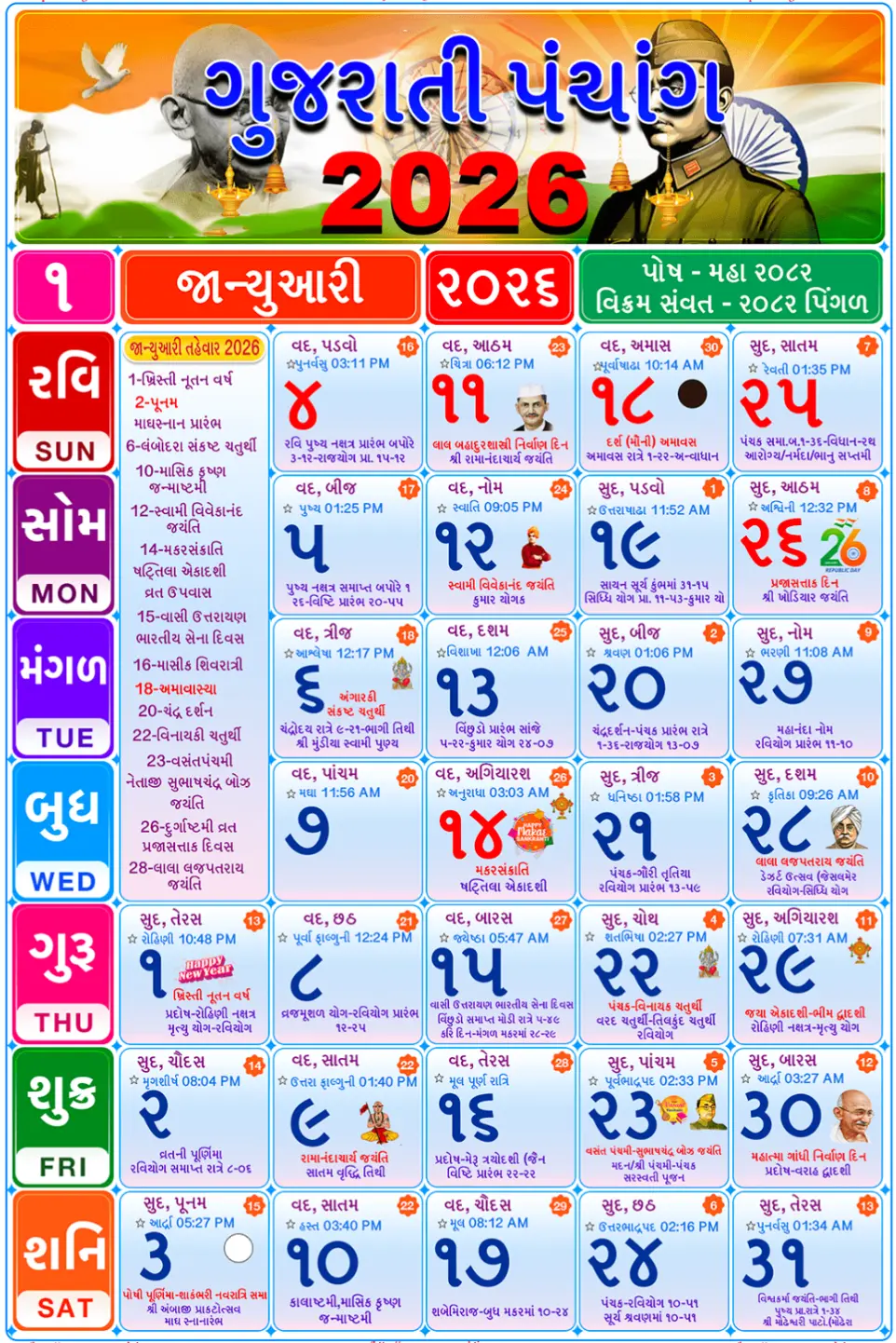 January 2026 Gujarati Calendar