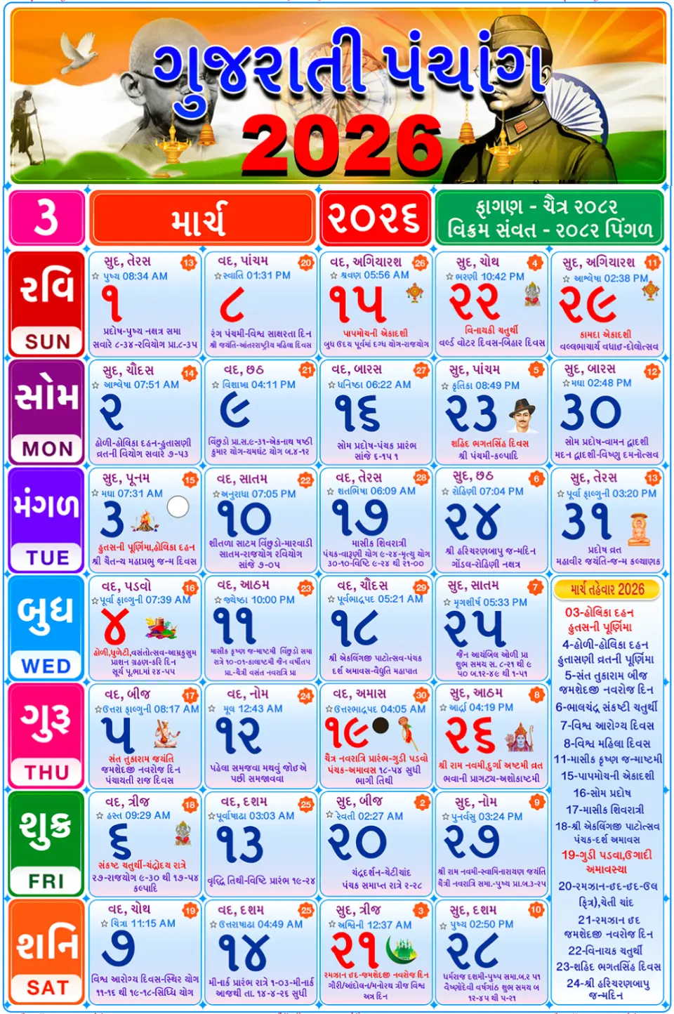 March 2026 Gujarati Calendar